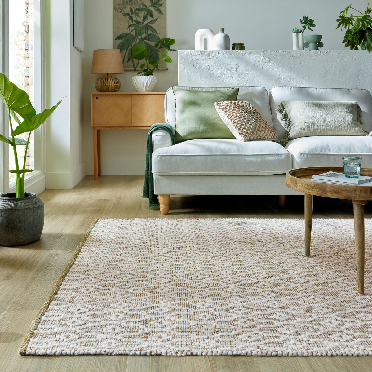TEPPICH Wolle Kurzflor Diamant Muster, Wohnzimmer Hellgrün Rechteckig 120x170 - Grün, Textil (170/120cm) - KADIMA DESIGN