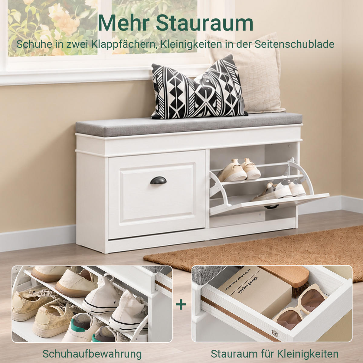 SCHUHBANK weiß, 104x52x24 cm, graues Sitzpolster, 8 Paar + Schublade, bis 150 kg - Weiß, Holzwerkstoff (104/54/24cm) - SoBuy