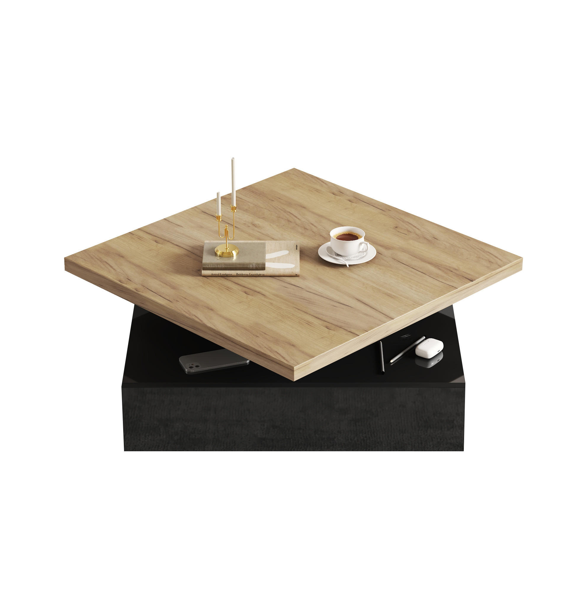 COUCHTISCH 70/70/36 cm in Walnuss/Schwarz mit Drehplatte und Schublade - Schwarz, Holzwerkstoff (70/70/36cm) - Flora Grace