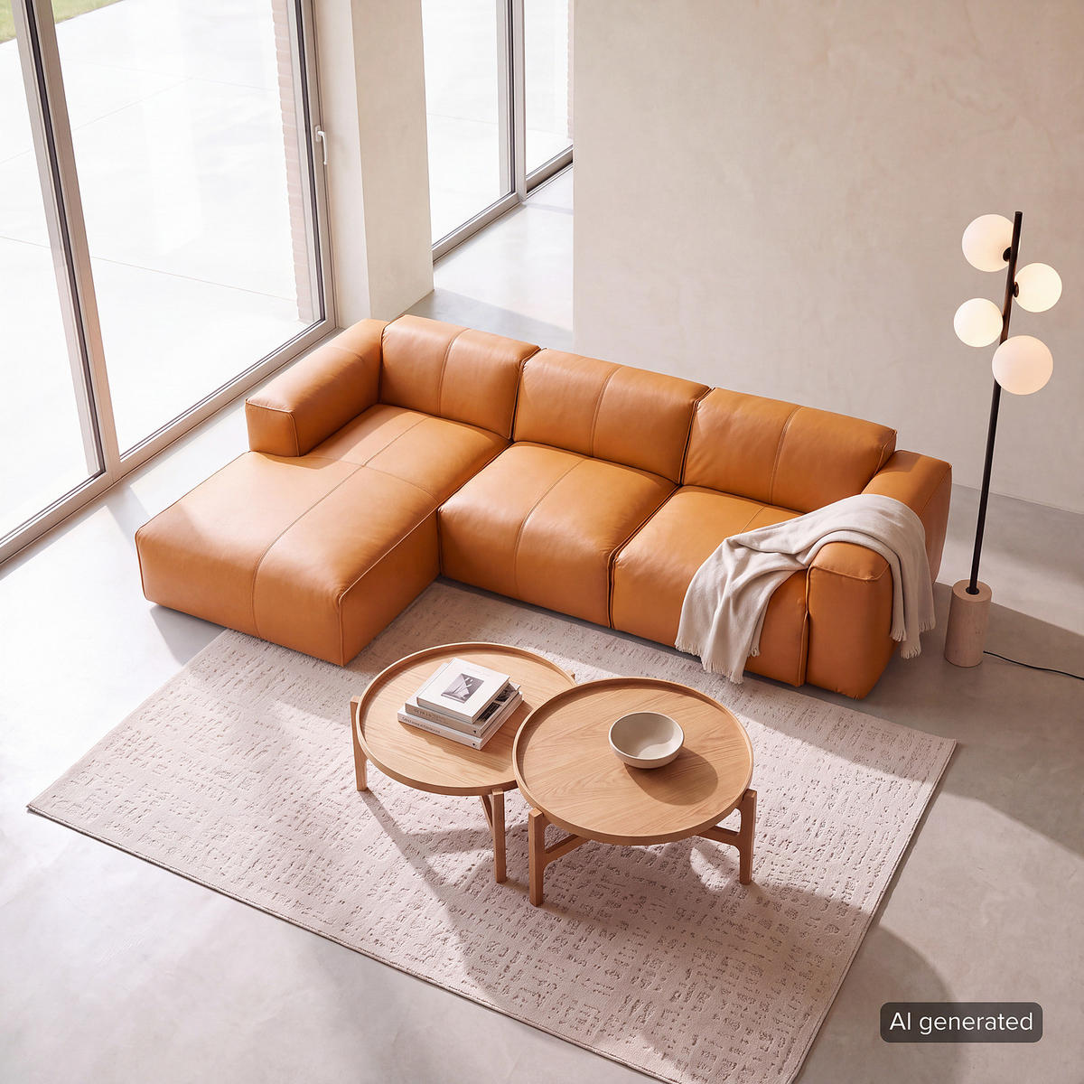 3-SITZER ECKSOFA mit Longchair - Cognac/Schwarz, Leder/Kunststoff (284/173cm) - home24