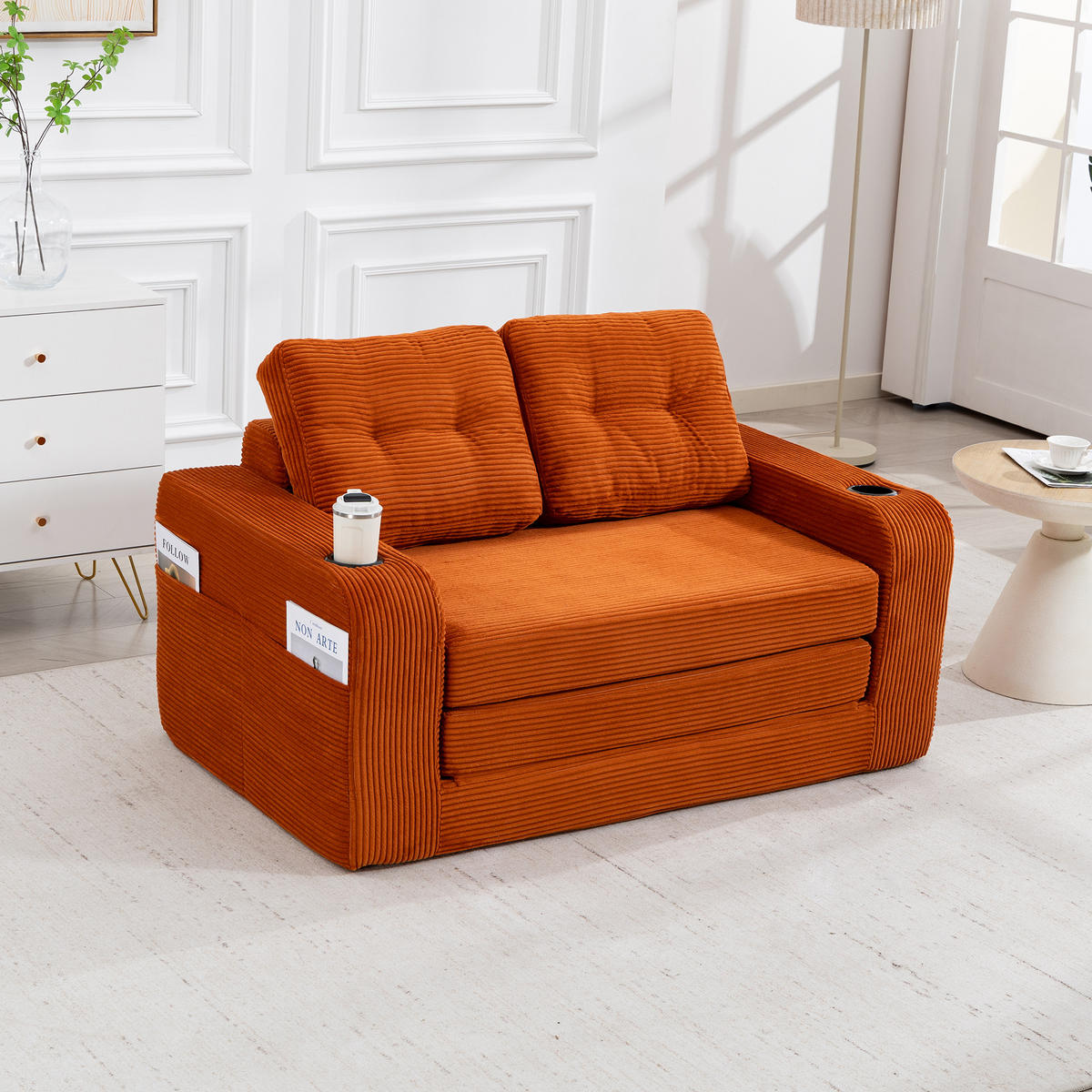 2-SITZER SOFA Cord Orange mit Getränkehaltern und Seitentaschen - Orange, Textil (136/82.5/80cm) - WISHDOR