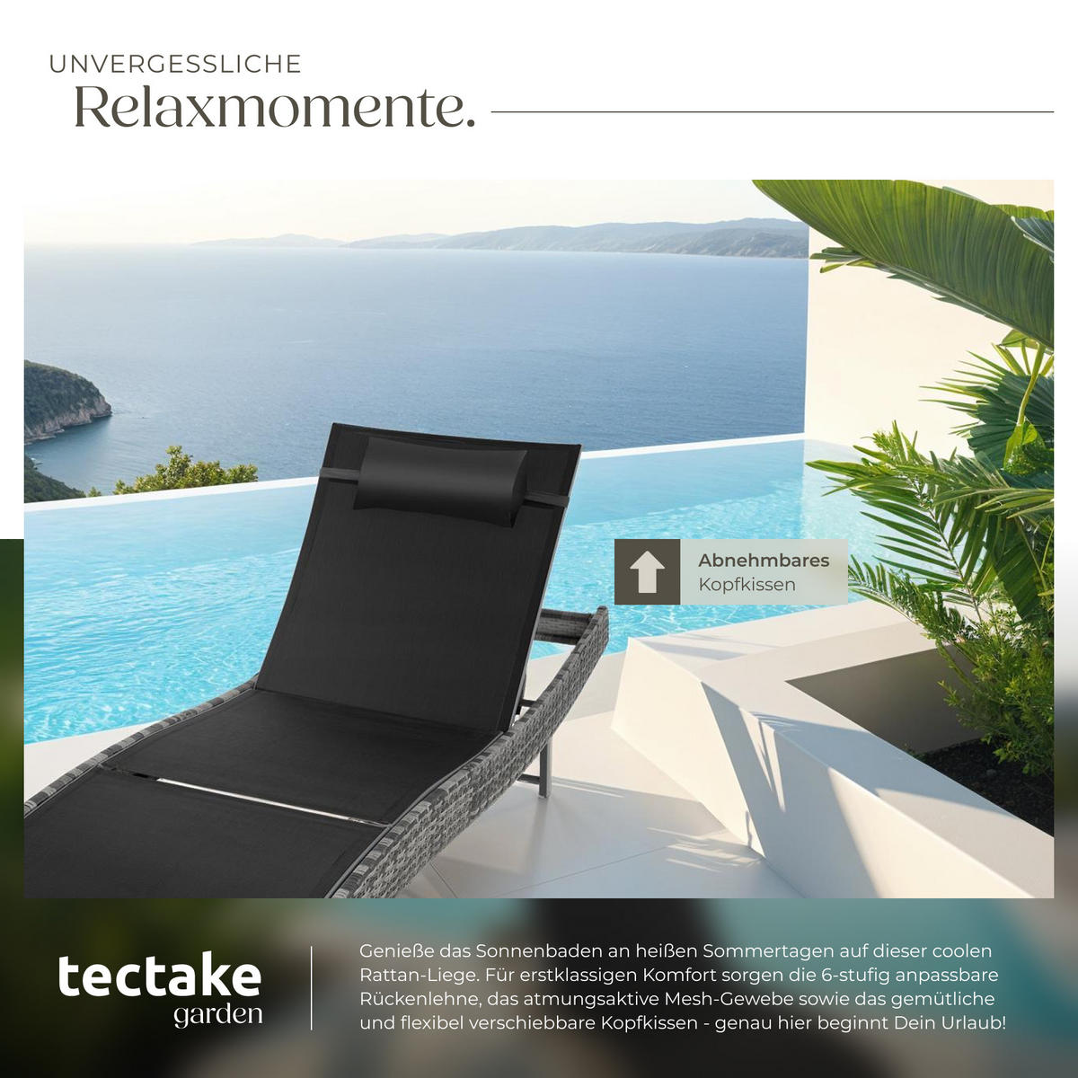 RATTAN-SONNENLIEGE Moana,69 x 211 x 41 - 94 cm,grau-meliert - Grau, Kunststoff (69/94/211cm) - tectake