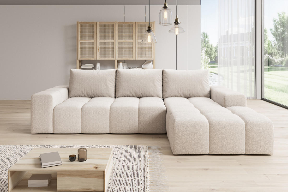 ECKSOFA Cento, L-Form, Ottomane rechts, Teddy-Bouclé-Stoff, 285x56x180 cm, BeigeBeige - Creme, Holz (285/180cm) - PROMETO Möbel