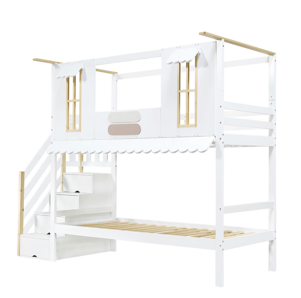 ETAGENBETT 90/200 cm mit Aufbewahrungstreppe, Fenstern und Dachkante aus Kiefernholz/MDF, Weiß/Natur - Weiß, Holz (90/200cm) - Redom