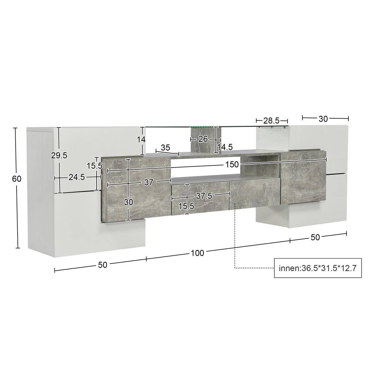 LOWBOARD 200/35/60 cm aus MDF mit LED-Beleuchtung Grau/Weiß - Weiß, Holzwerkstoff (200/60/35cm) - Modenvie