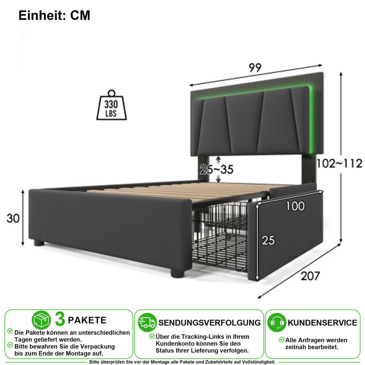ČALOUNĚNÁ POSTEL 90/200 cm v šedé barvě s LED osvětlením a 2 zásuvkami - šedá, kov/kompozitní dřevo (90/200cm) - CHICFURN