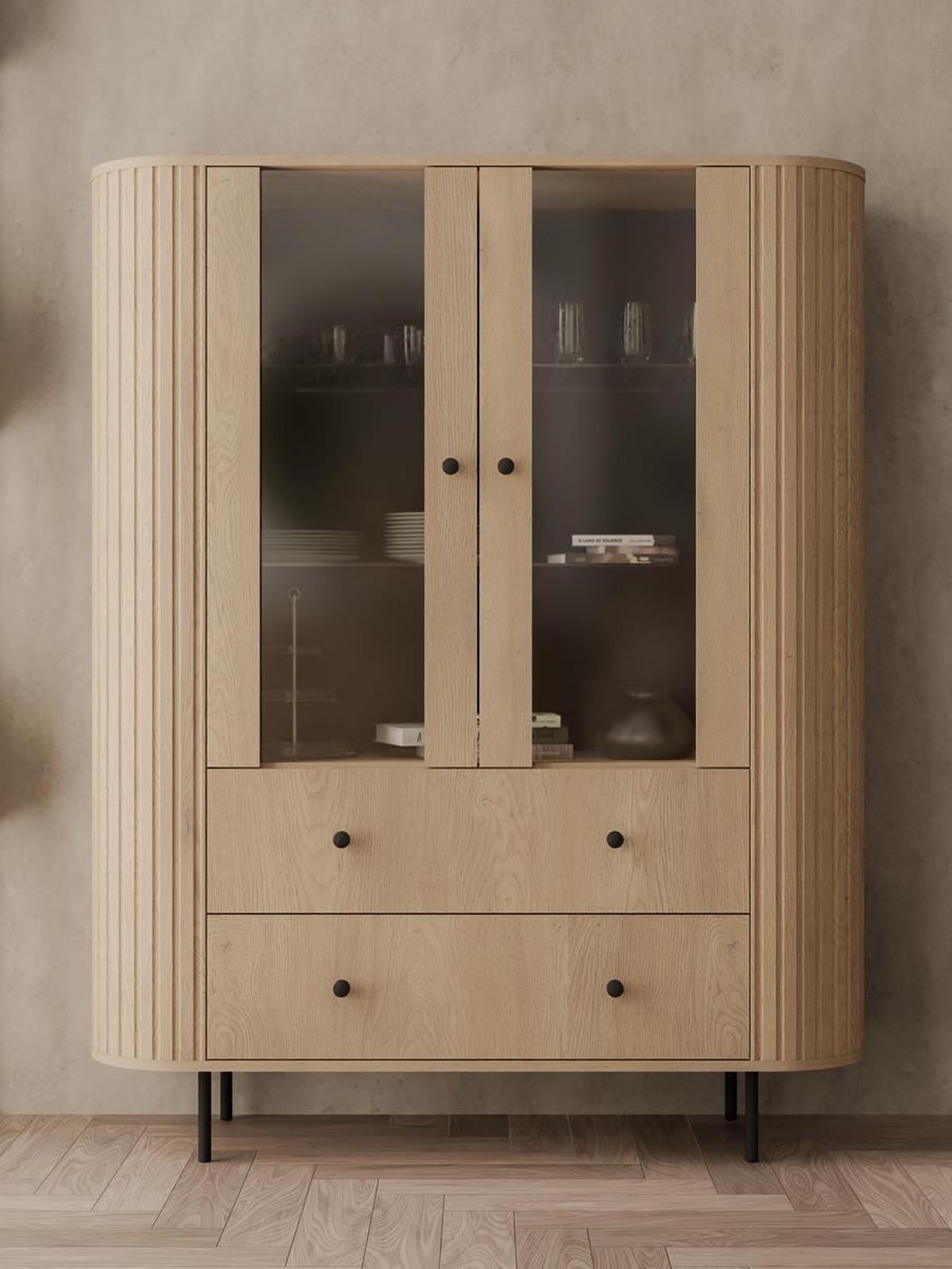 VITRINE mit Glas 2 Schubladen OVI - Braun, Holzwerkstoff (123/155/42cm) - Compleo24