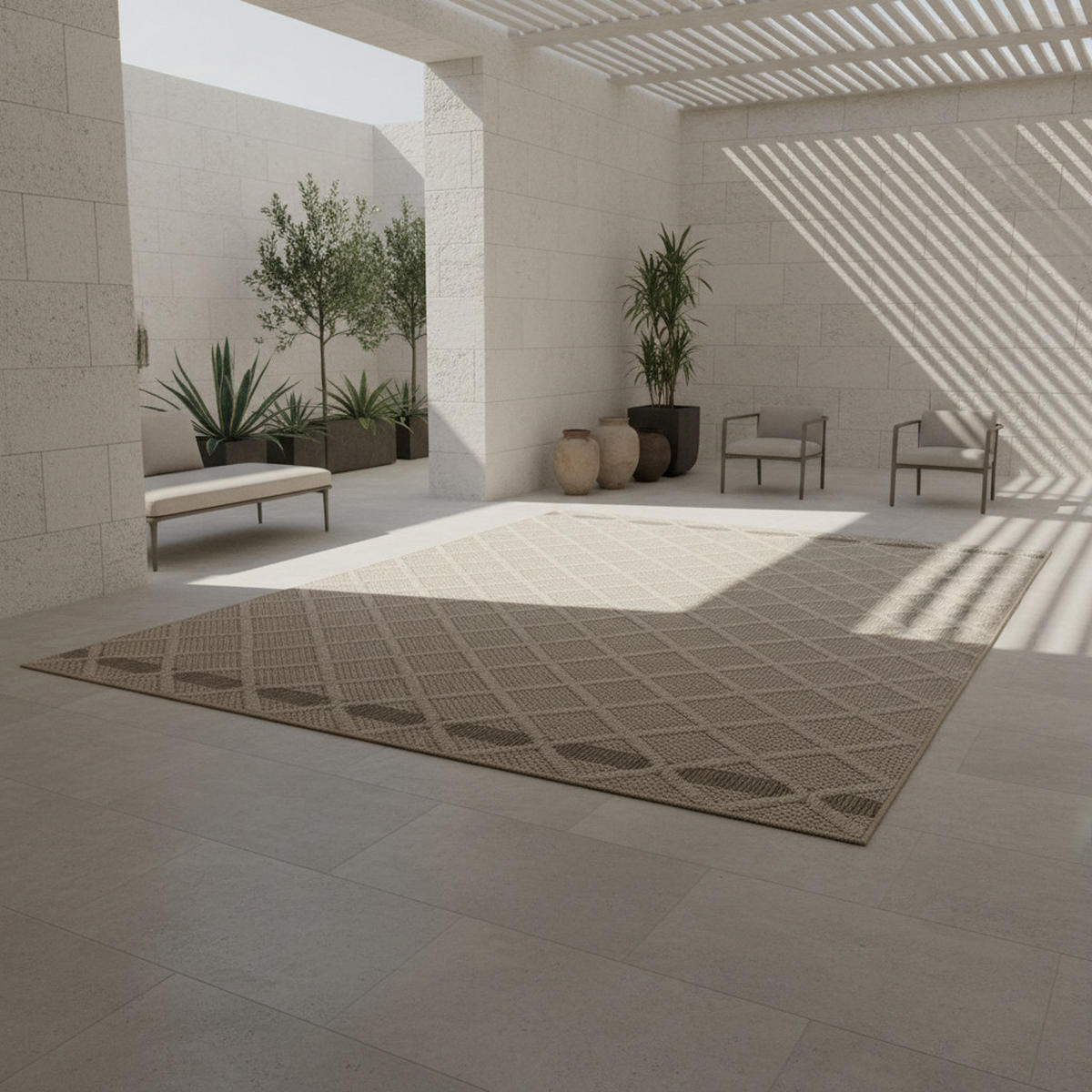 TEPPICH Outdoor Flachgewebe Rauten-Muster Polypropylen Balkon Beige Rechteckig 140x200 - Beige, Textil (140/200cm) - KADIMA DESIGN