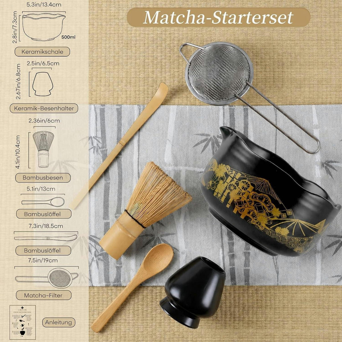MATCHA Set 5-teiliges Set Berg Fuji Design Schwarz - Schwarz, Keramik (13.4/6.6/13.4cm)