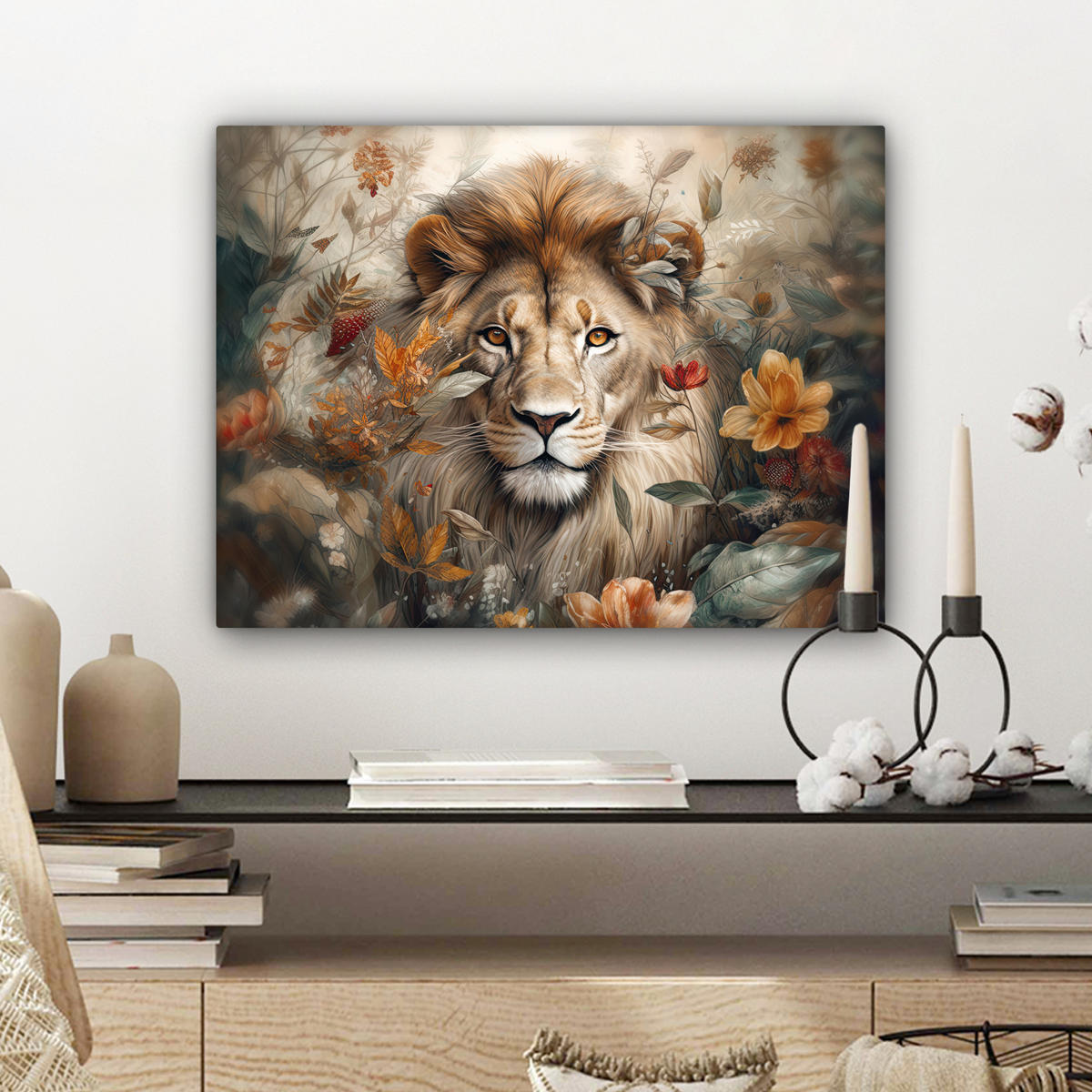 LEINWANDBILD Löwe - Wildtiere - Pflanzen - Natur - Blumen Wandbild 40x30 cm - Beige, Textil (40/30cm) - MuchoWow