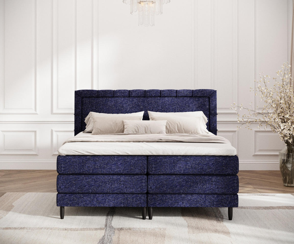 BOXSPRINGBETT Rimini Marineblau 200/200 cm mit Matratze und Topper - Schwarz/Dunkelblau, Holz/Holzwerkstoff (200/200cm) - Maison de Reve