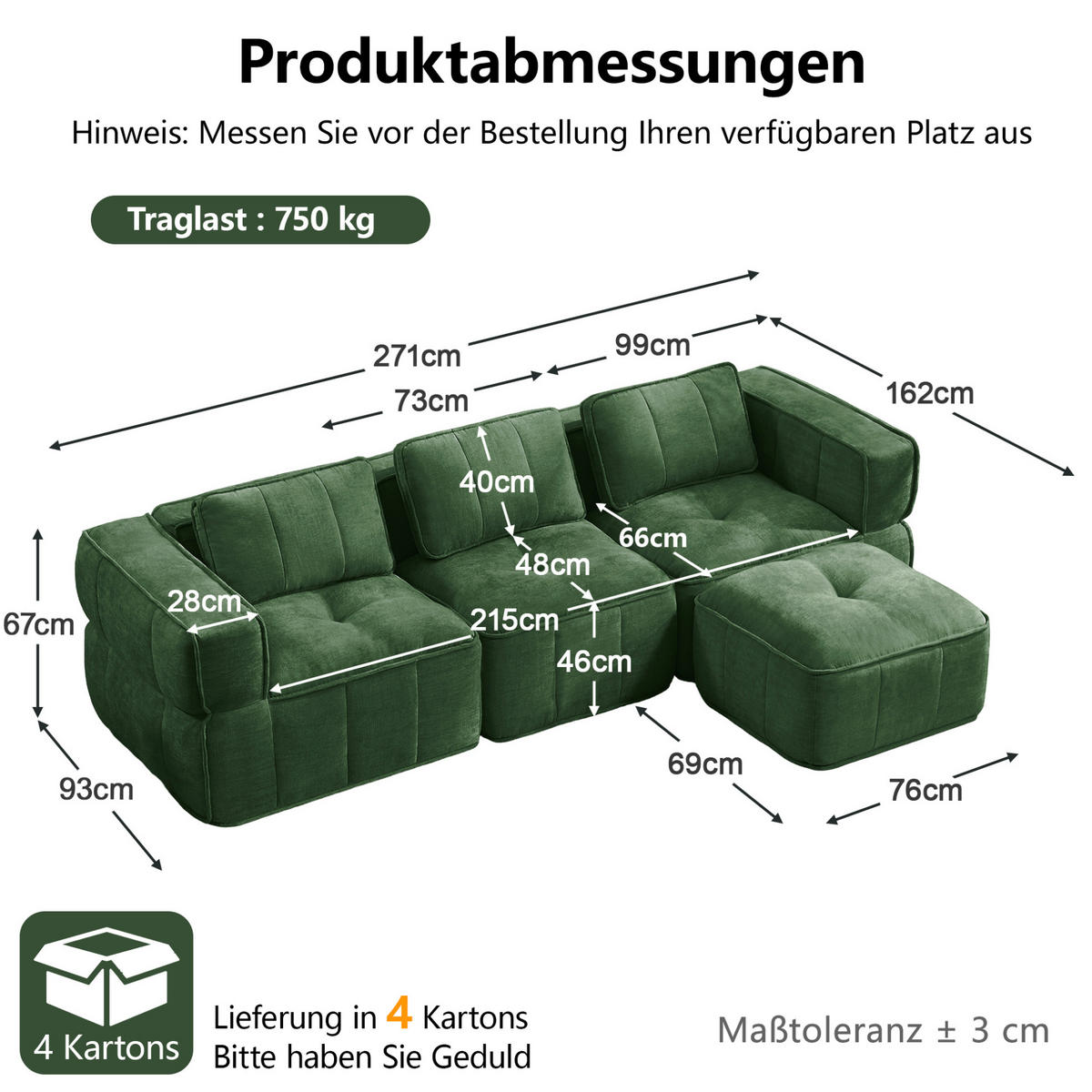 ECKSOFA 271/162/67 cm in Grün aus Polyester mit Hocker - Grün, Kunststoff (162/271cm) - Flora Grace