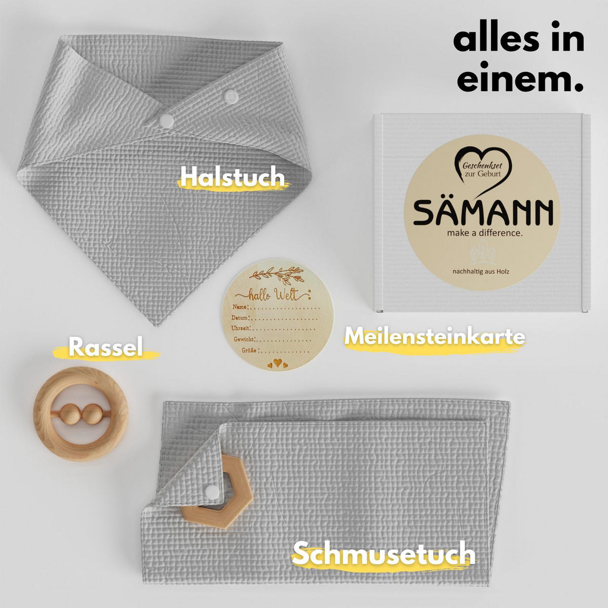 BABY Geschenkset 4-tlg. zur Geburt mit Halstuch, Rassel, Karte, Schmusetuch grau - Grau, Textil (10/10cm) - Sämann – make a difference.
