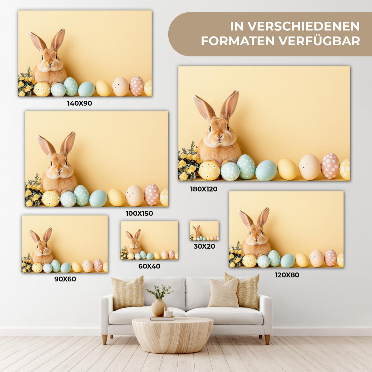 LEINWANDBILD Eier - Kaninchen - Pastellfarbtöne Wohnzimmer Groß 120x80 cm - Hellgelb, Textil (120/80cm) - MuchoWow