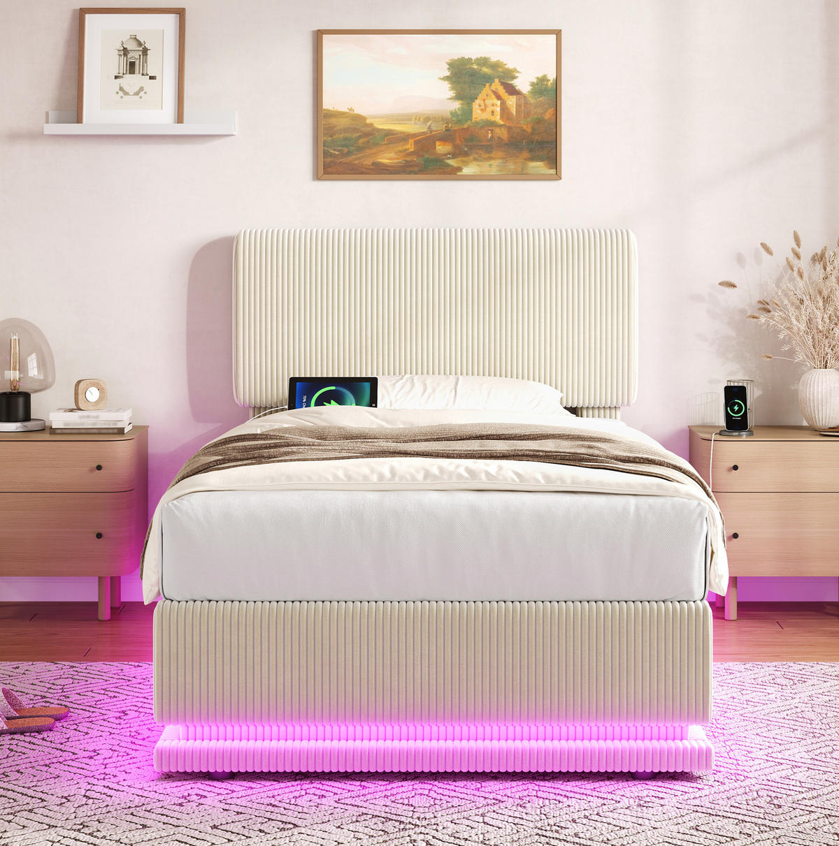POLSTERBETT mit LED und USB-C 90x200 cm Cord Beige - Beige, Metall (90/200cm) - Meubliv
