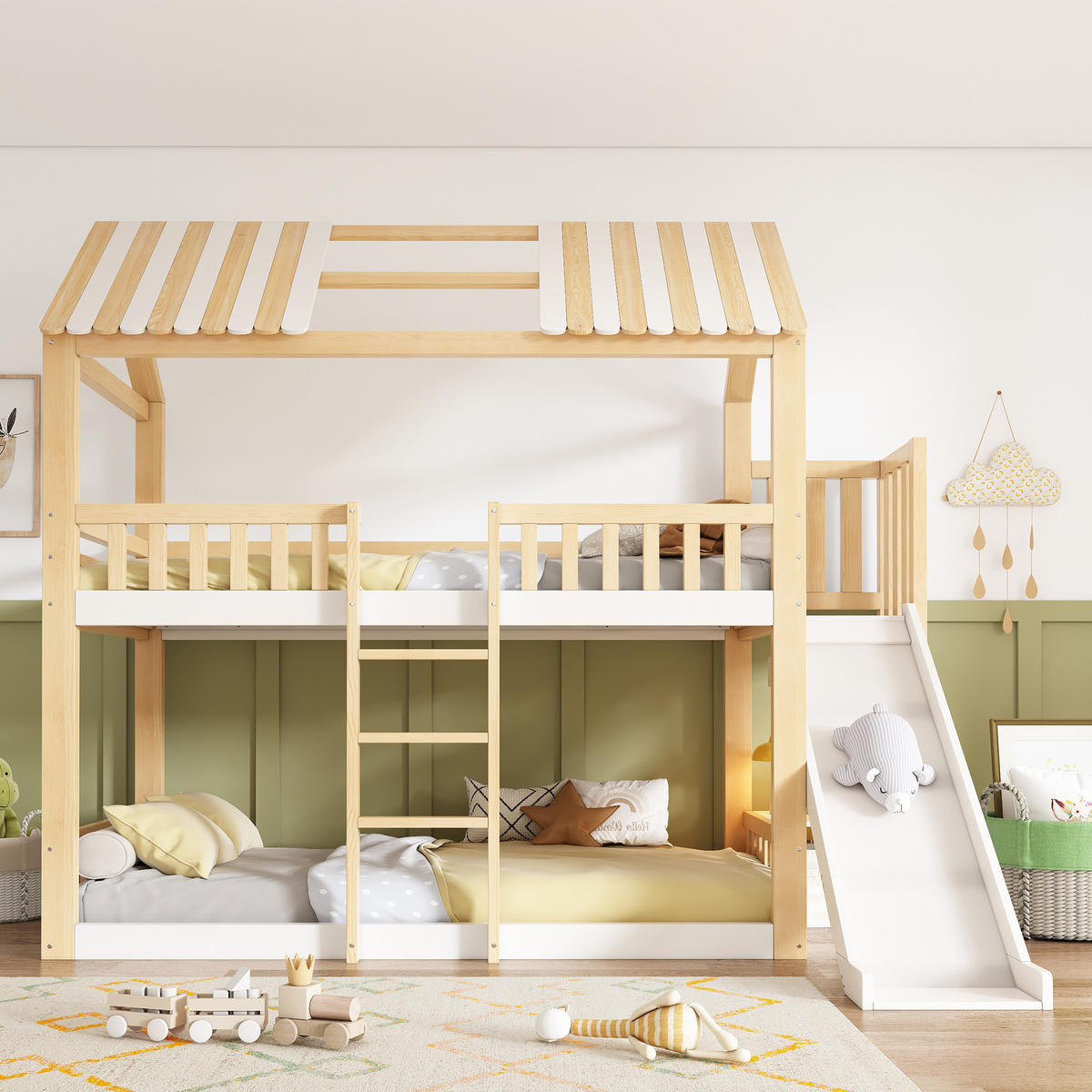 SPIELBETT 90/200 cm DE-00837, in Weiß & Natur,Rutsche und Giebeldach - Naturfarben, Holz (90/190cm) - ComfortXL