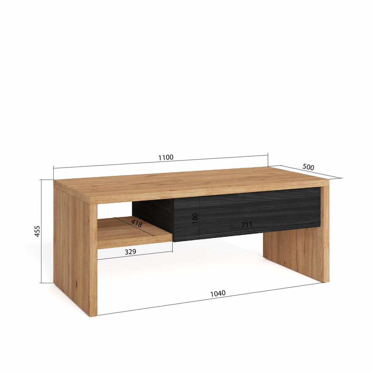 COUCHTISCH, Beistelltisch, eiche, schwarz, 110/50/45cm - Eichefarben, Holzwerkstoff (110/50/45cm) - Skraut Home