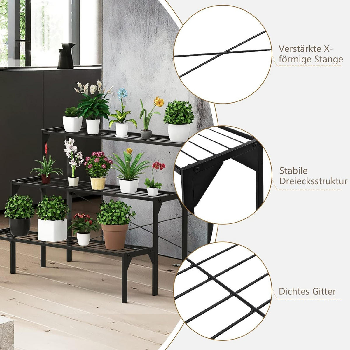 BLUMENREGAL 3-stufiger Schwarz - Schwarz, Metall (65/85/65cm) - COSTWAY