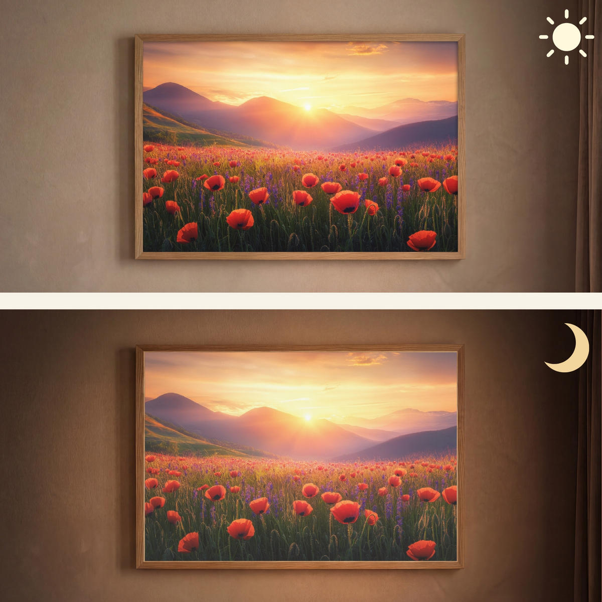 WANDLEUCHTE MIT AKKU Landschaft - Sonnenuntergang - Blumenfeld 100x70 cm - Rot, Holzwerkstoff (100/70/8cm) - OnlyWow