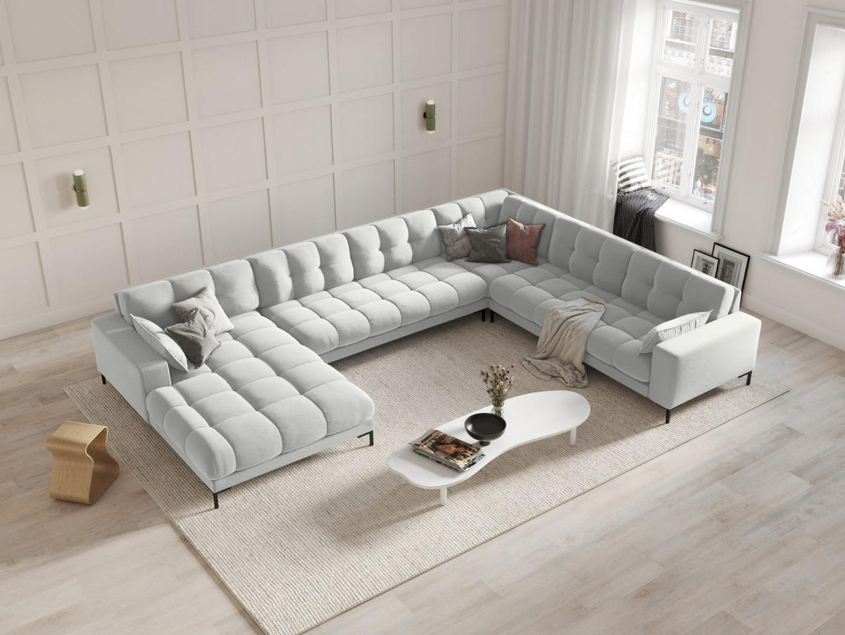 PANORAMASOFA rechts Mamaia aus Samt silber 7 Sitzplätze - Silberfarben, Textil (256/75/327cm) - Micadoni