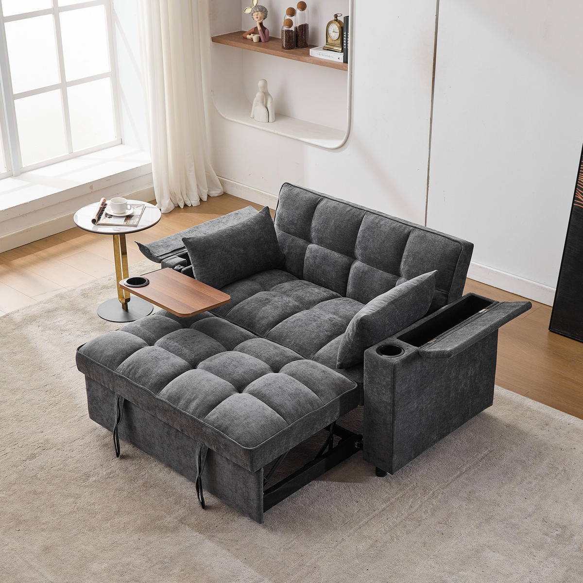 SCHLAFSOFA 140.5/74/82 cm Grau mit USB-Anschluss, verstecktem Tisch und Getränkehalter - Grau, Textil (140.5/82/74cm) - Oxeza