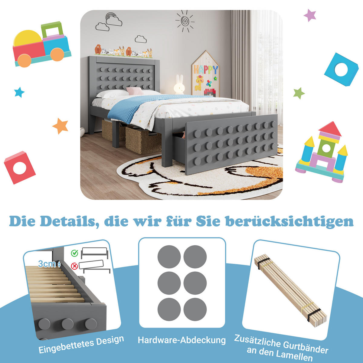 KINDERBETT 90/200 cm grau mit Kreativem Block Design und Stauraum - Grau, Holz (90/200cm) - OKWISH