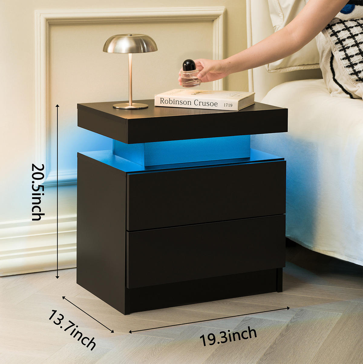 NACHTTISCH 50/53/36 cm Schwarz aus Holzwerkstoff mit LED-Beleuchtung - Schwarz, Holzwerkstoff (50/36/53cm) - OKMYHOME
