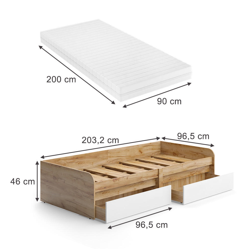 KINDERBETT Clario Weiß/Artisan 90x200 cm mit Matratze - Weiß/Eiche Artisan, Holzwerkstoff - Vicco
