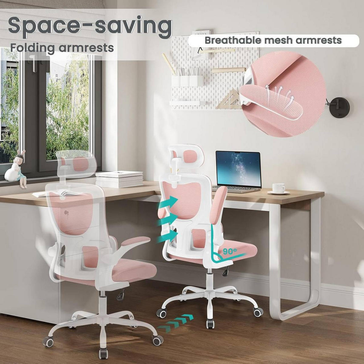 BÜROSTUHL ergonomisch, Netzstoff, Rosa - Schwarz/Rosa, Kunststoff/Textil (62/116/69.5cm) - Woltu