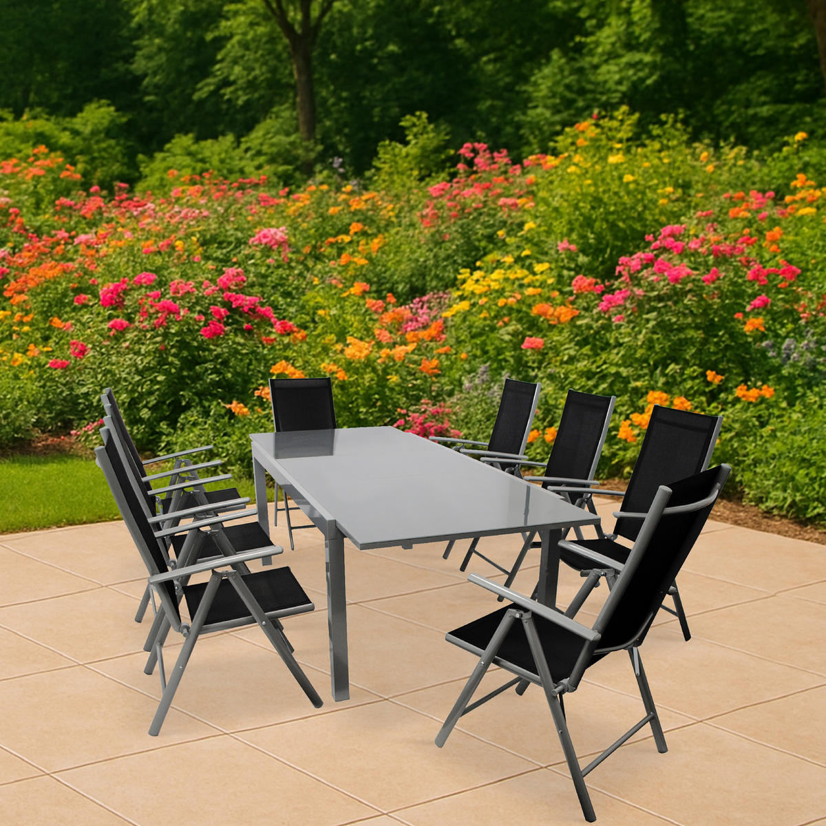 GARTEN-GARNITUR Ashford - 9-teilig (8x Klappsessel mit Armlehnen, 1x Ausziehtisch 180/240x100cm) - Schwarz, Metall - TPFGarden