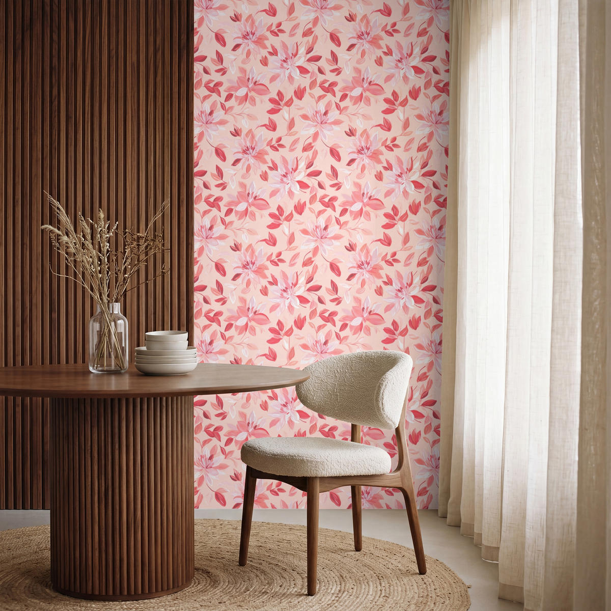 TAPETE - Botanisch - Blumen - Rot - 120x260 cm - Koralle, Papier (120/260cm) - OnlyWow