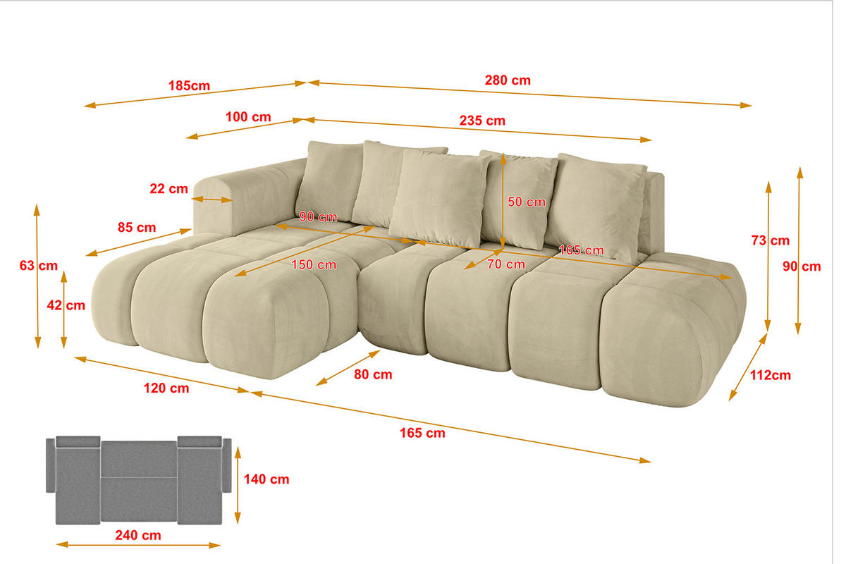 ECKSOFA Ottomane Links CLOUD-L-v1 280x185x90 Beige Velours - Beige, Holzwerkstoff/Kunststoff (180/289cm) - ALTDECOR