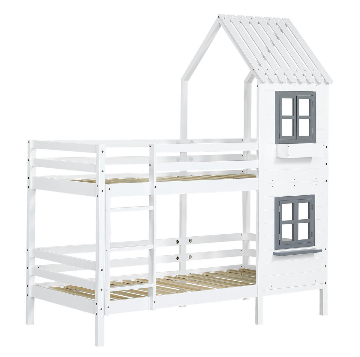POSCHODOVÁ posteľ 90/200 cm biela/sivá s oknami a zábradlím z masívu a MDF - biela, kompozitné drevo (90/200cm) - OKWISH
