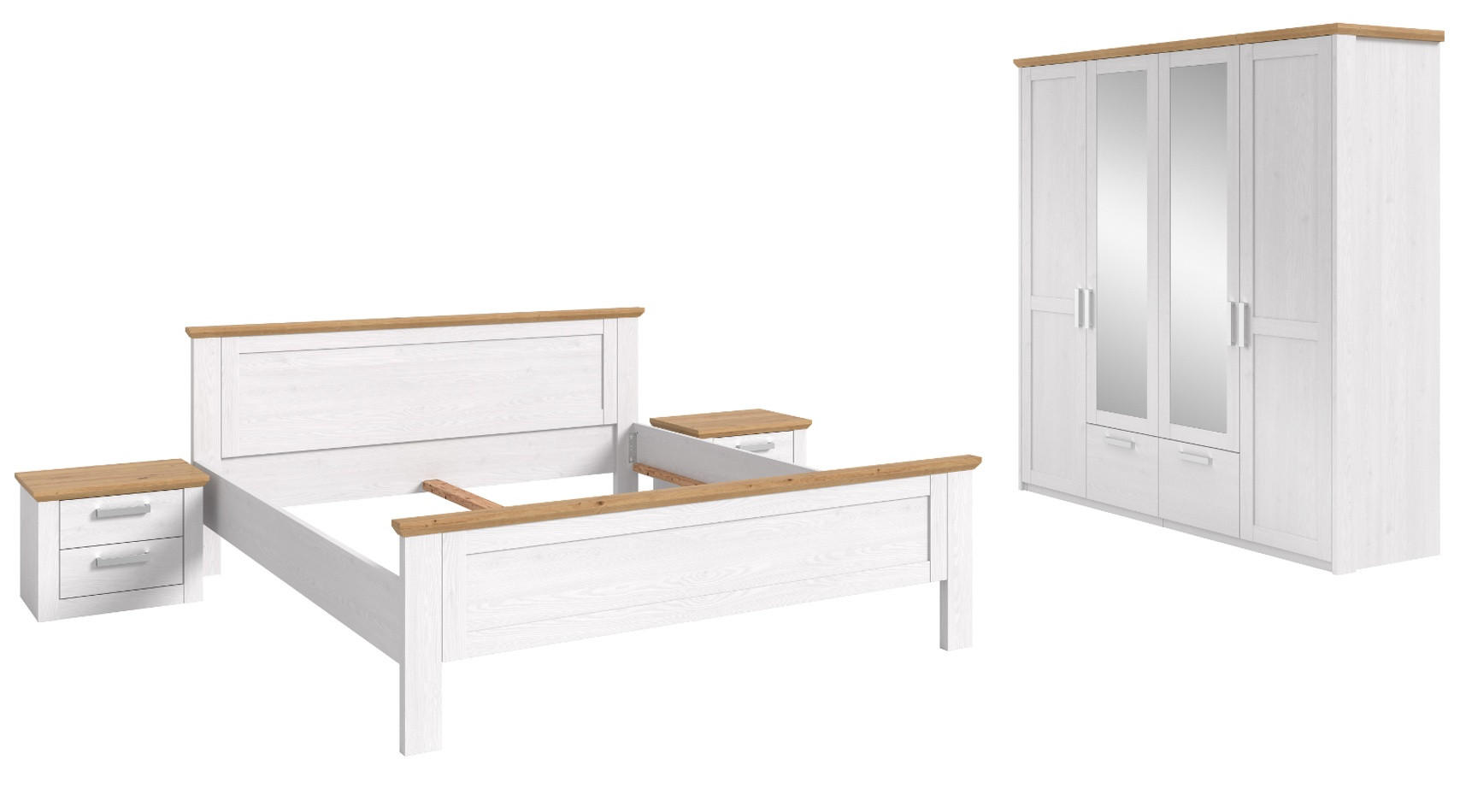 SCHLAFZIMMER weiß Lärche, Eiche Artisan Landhaus, Komplettset mit Bett, Kleiderschrank und 2x Nachttisch - Eichefarben/Silberfarben, Holzwerkstoff/Kunststoff (180/200cm) - Inn.Furn