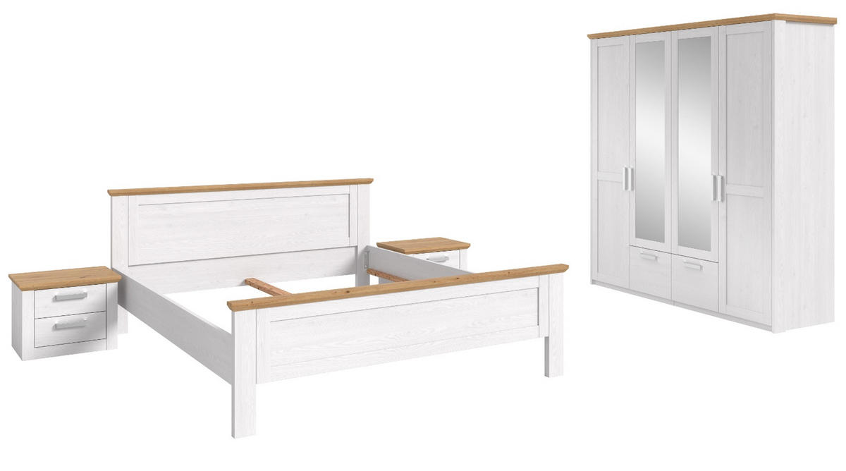 SCHLAFZIMMER weiß Lärche, Eiche Artisan Landhaus, Komplettset mit Bett, Kleiderschrank und 2x Nachttisch - Eichefarben/Silberfarben, Holzwerkstoff/Kunststoff (180/200cm) - Inn.Furn