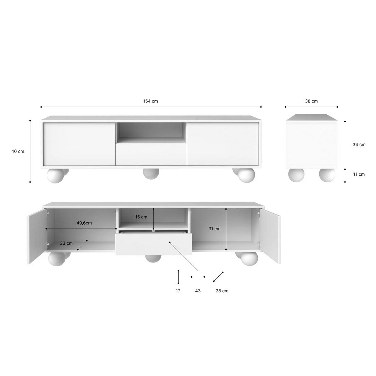 LOWBOARD Adel mit 2 Türen 1 Schublade und runden Füßen, 154 cm, Griffloss, Weiß - Weiß, Holzwerkstoff (154/46/38cm) - Beautysofa