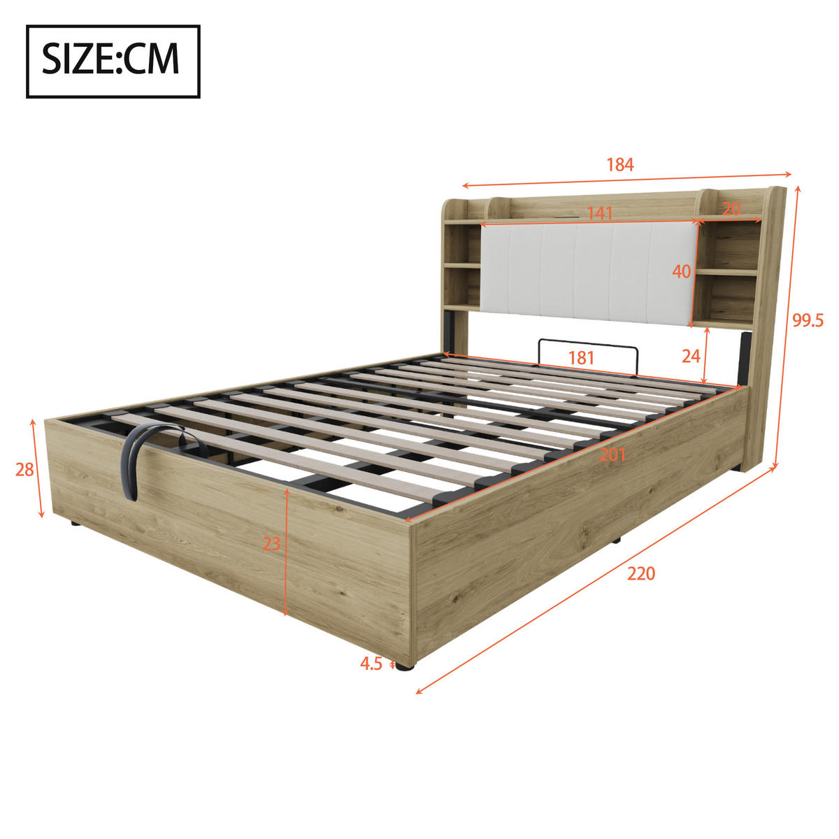 POLSTERBETT 180/200 cm Holzfarbe mit Stauraum, Ausgestattet mit USB und Tape-C-Steckdose - Naturfarben, Holz (180/200cm) - Oxeza