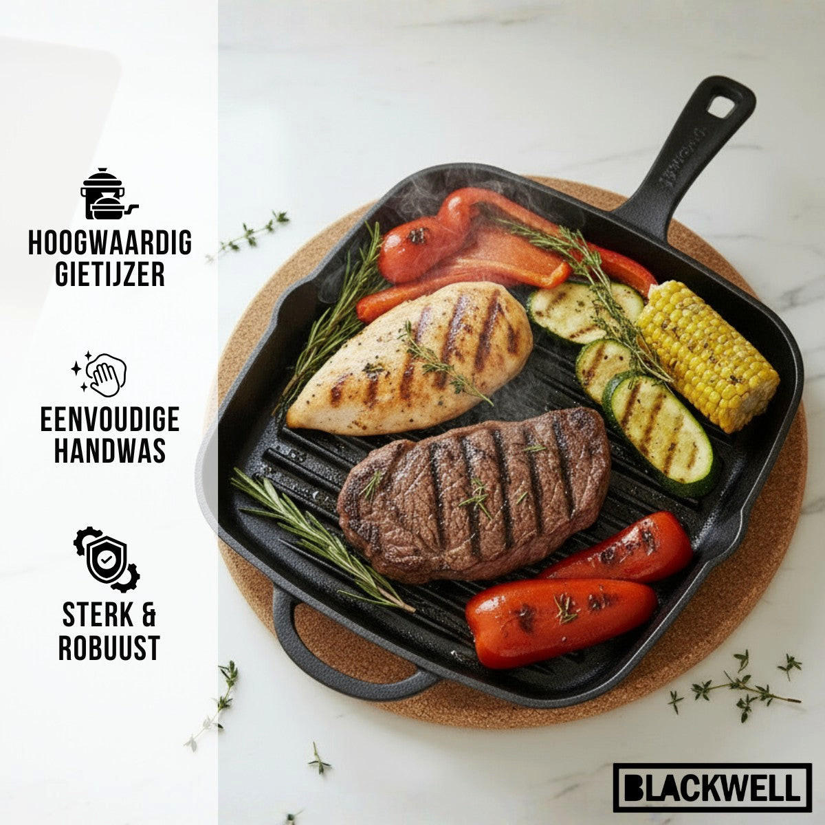 GRILLPFANNE aus Gusseisen 26 x 26 cm – ohne Antihaftbeschichtung – geeignet für alle Herdarten - Schwarz, Keramik (46/26/4cm) - Blackwell