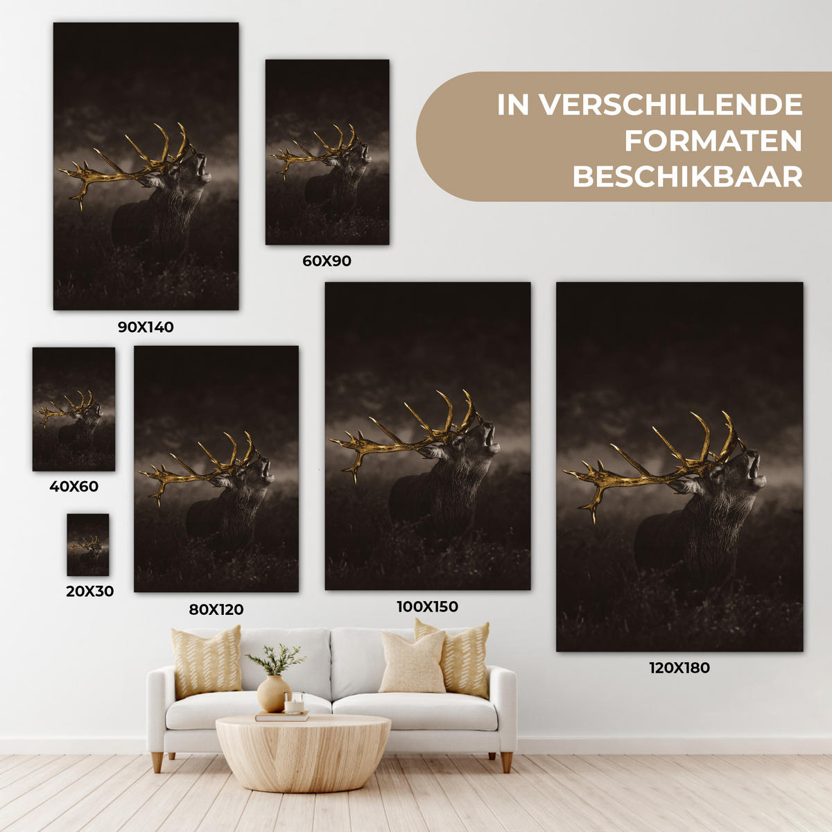 LEINWANDBILD Rotwild - Schwarz - Gold 20x30 cm - Braun, Textil (20/30cm) - MuchoWow