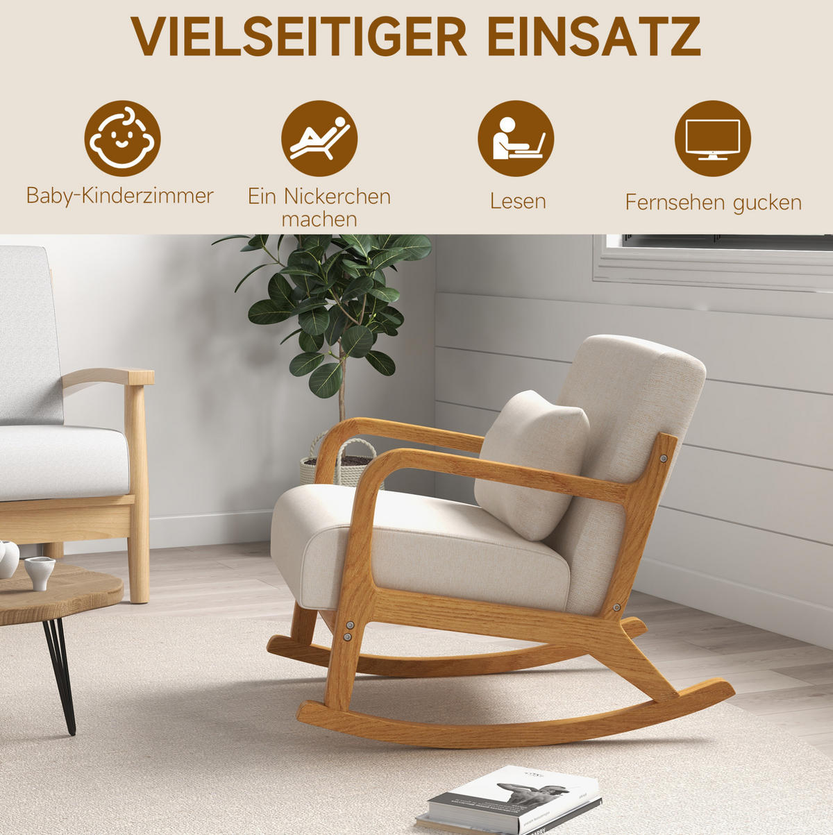 SCHWINGSTUHL mit Armlehnen und Holzgestell in Cremeweiß 64,5/92/81,5 cm - Creme, Holz (92/81.5/64.5cm) - BEAOK