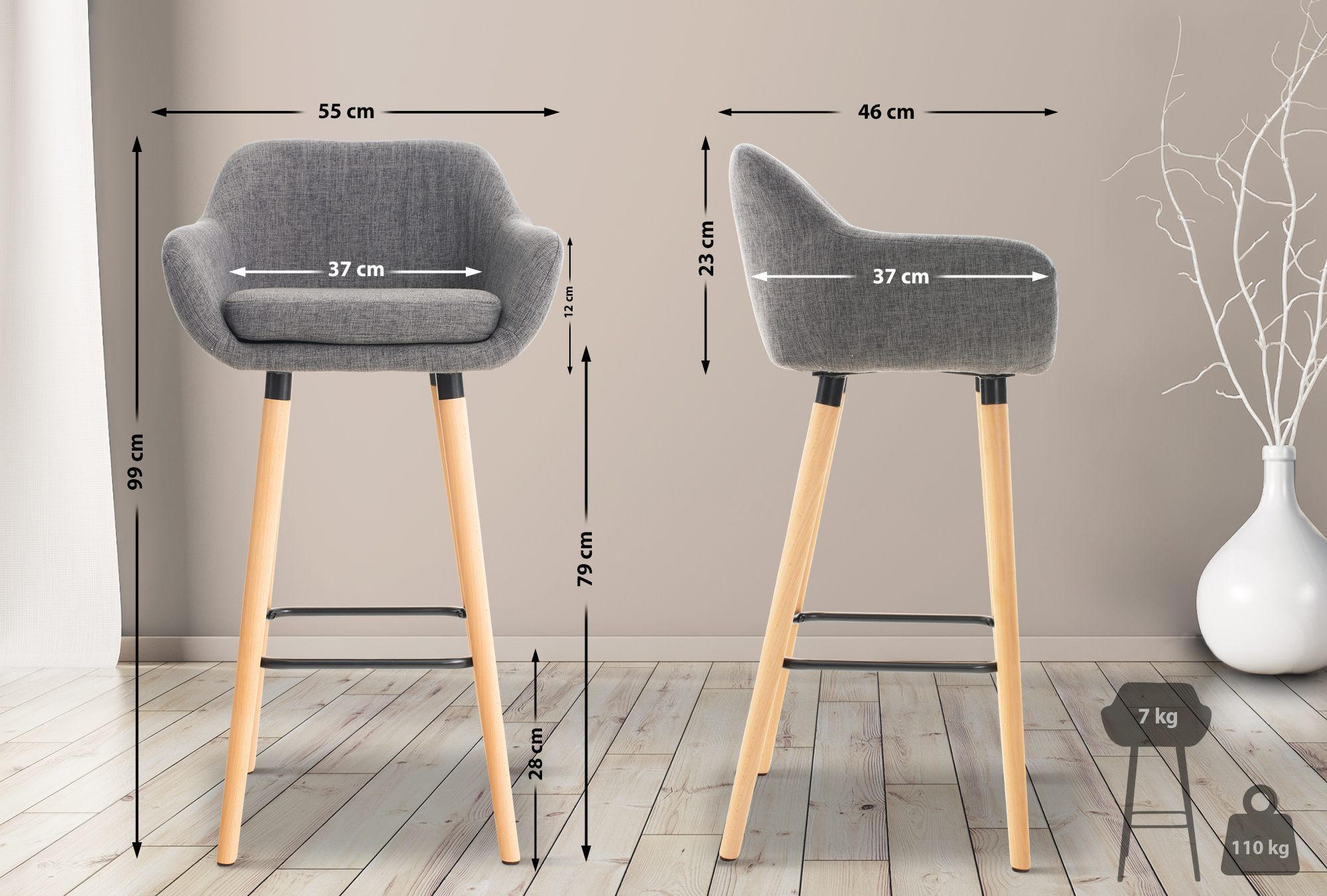 BARHOCKER Stoff hellgrau - Eukalyptusholzfarben/Hellgrau, Holz/Textil (55/99/46cm) - CLP