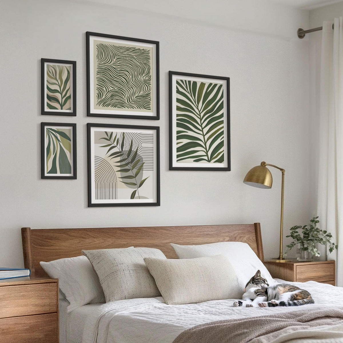 BILDER SET 5er Set - 50x50 cm & 20x30 cm & 40x60 cm Schwarzer Rahmen - Blätter, Wellen – Pastellillustrationen - Schwarz, Kunststoff (40/60cm) - TULUP