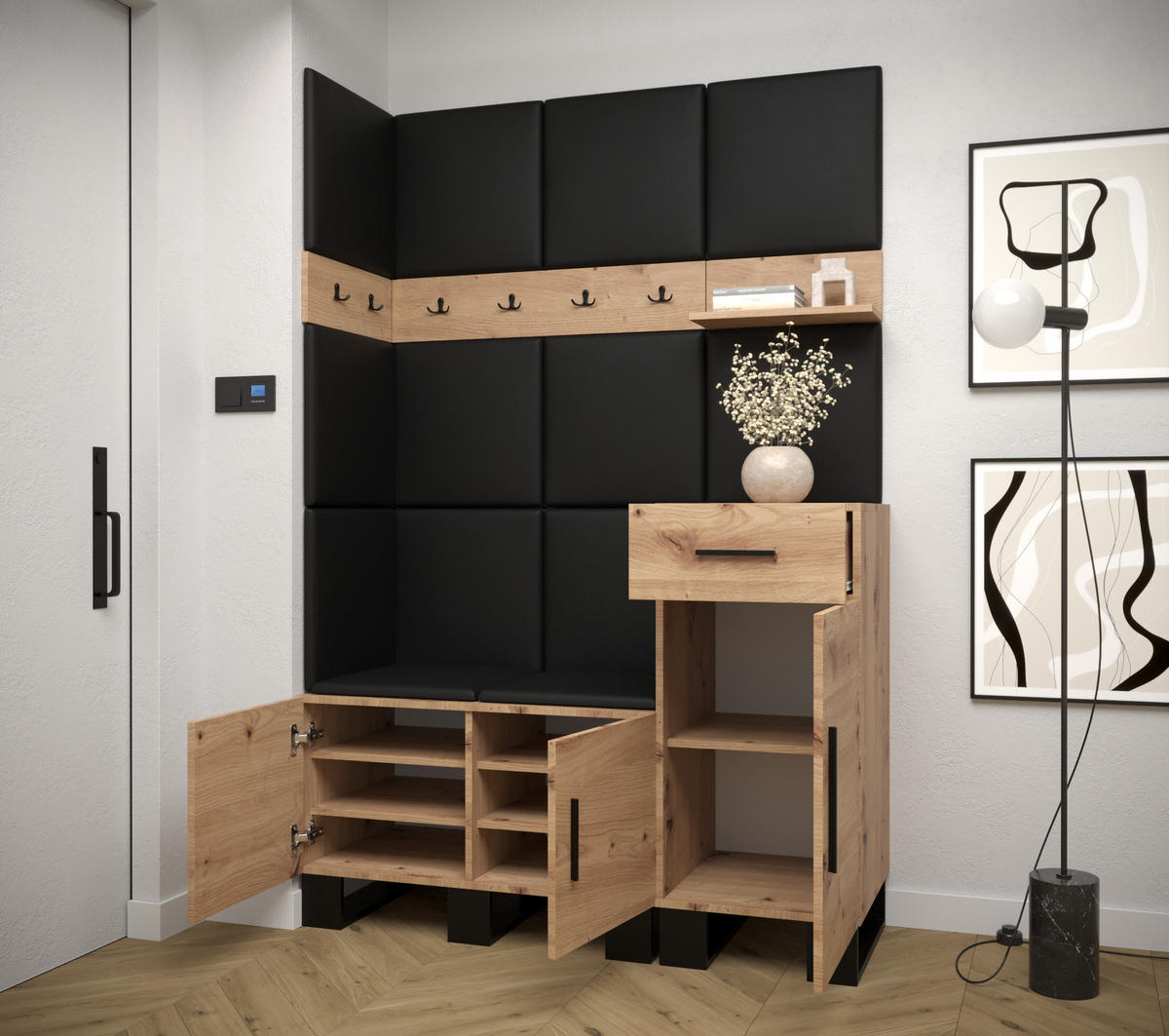 GARDEROBEN-SET 196/126/45,6 - Creme/Schwarz, Holz/Kunststoff (126/196/45.6cm) - Abiks Möbel