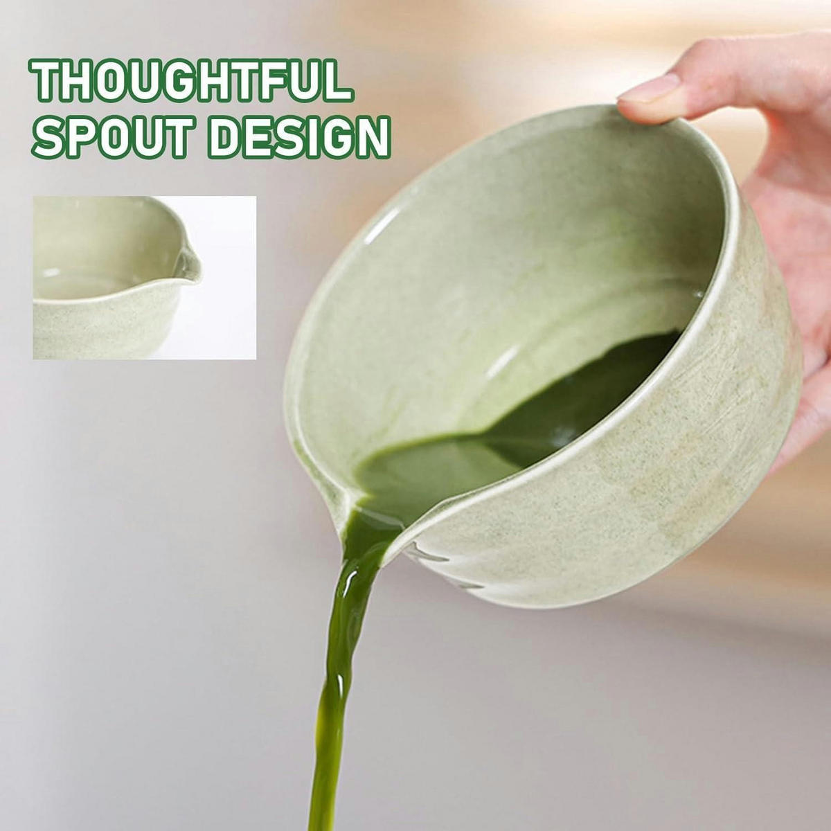 MATCHA Tee Set 9-teiliges Set mit Schale und Besen - Grün, Keramik (16/7/30cm)