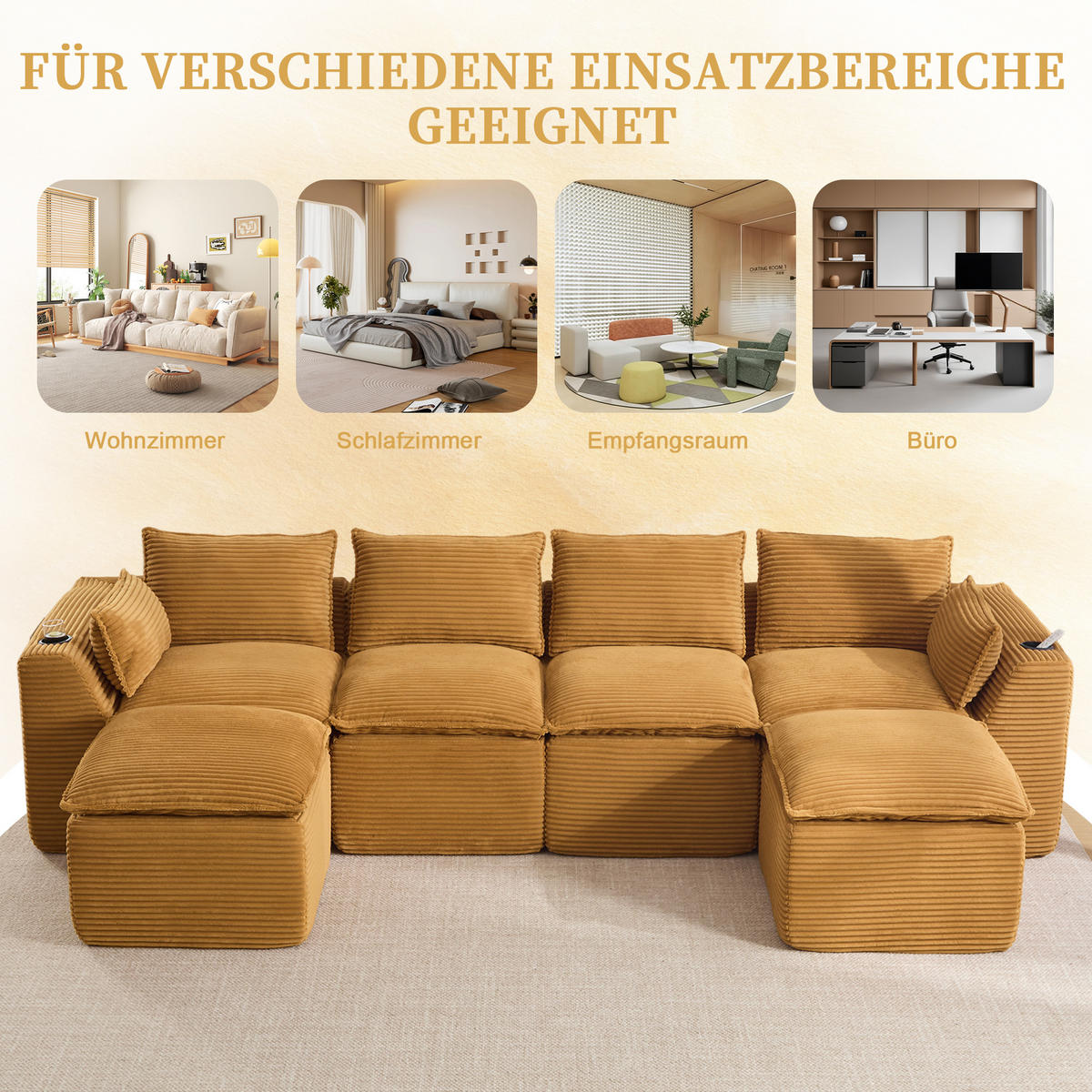 WOHNLANDSCHAFT mit Cordbezug, 2 Fußhockern, Getränkehalter und Seitentaschen in Orange - Orange, Textil (322/75/161cm) - EVRYAE