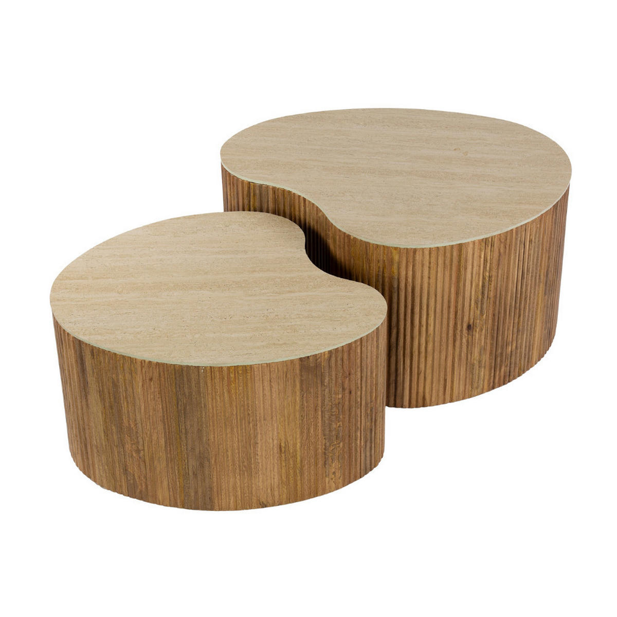 COUCHTISCH-SET EMILIO NUVOLA Nierenförmige Satztische mit Travertin-Keramik - Beige/Braun, Holz (60/82/40cm) - alesvelt