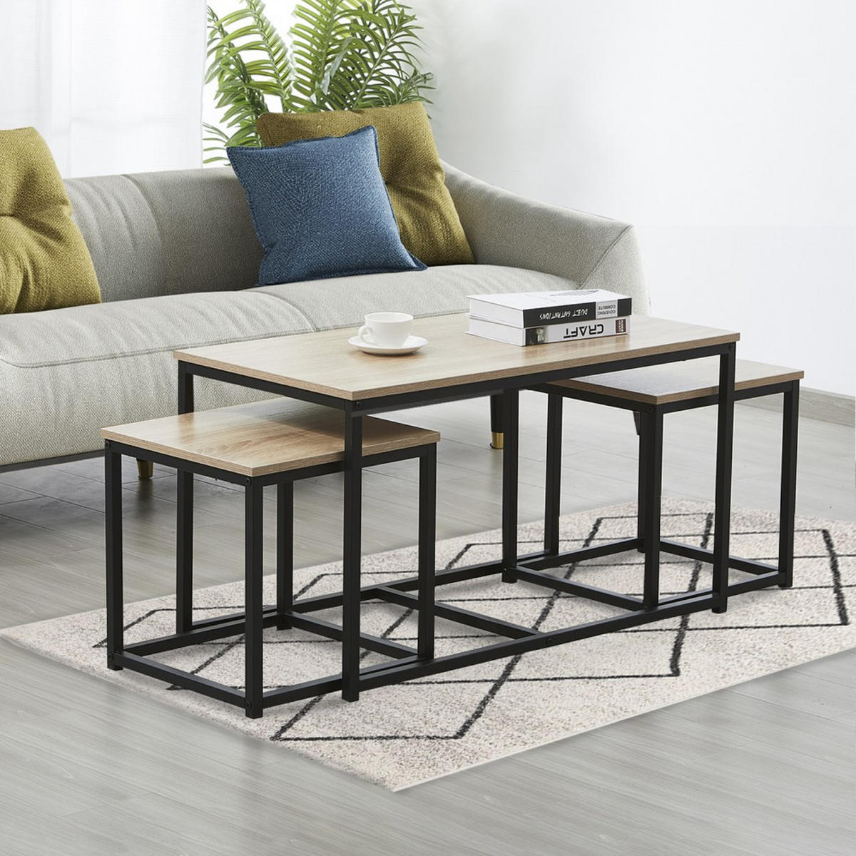 COUCHTISCH CALVI 3ER-SET /Eiche gebleicht und Metallgestell schwarz - Multicolor/Schwarz, Holzwerkstoff/Metall (90/45/50.5cm) - Weber Industries