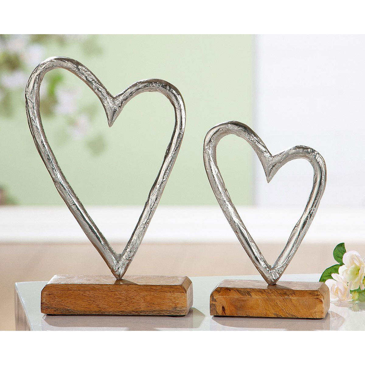 DEKOSKULPTUR Standrelief Herz, Aluminium / Mangoholz, H 17 cm - Silberfarben, Metall (6/17/12cm) - Gilde