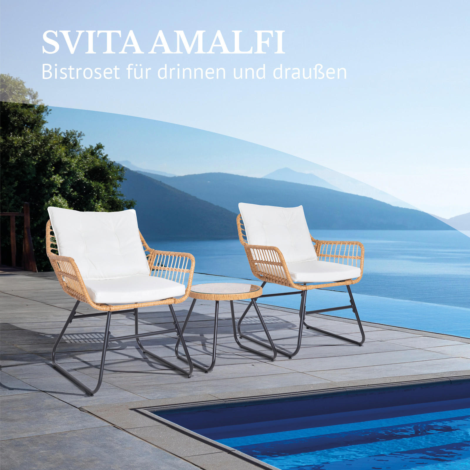 BALKONSET 3-teilig aus Rattan, natur - Naturfarben, Kunststoff - SVITA