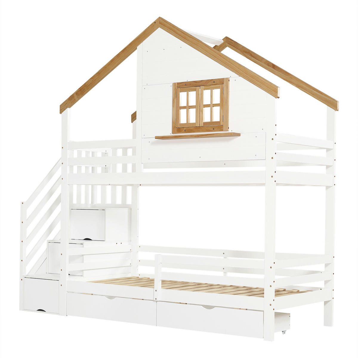 ETAGENBETT mit Stauraumtreppe 90x200 cm Weiß/Natur - Weiß, Holz (90/200cm) - Meubliv